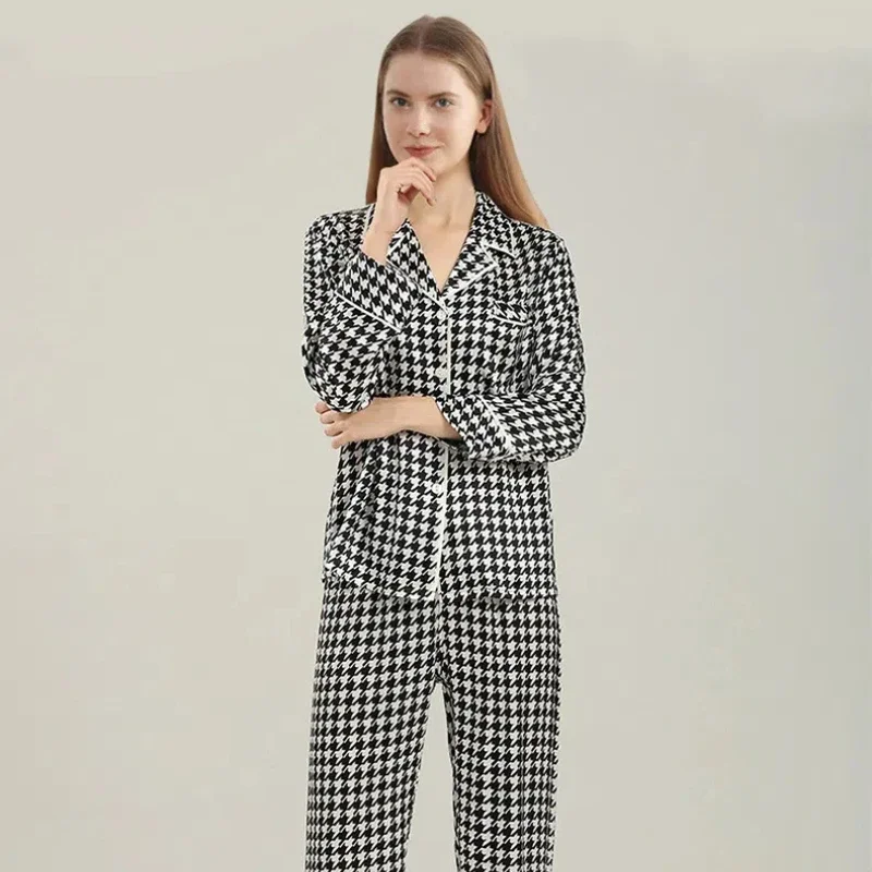 Houndstooth 100% Mulberry Silk Long Sleeve Trousers Nightwear Suit 19MM Heavy Silk Ladies Pajama Sets Printed Holiday Pajamas