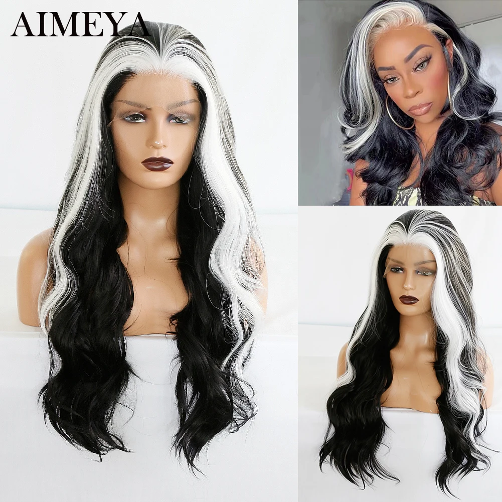 

AIMEYA Highligh Synthetic Lace Frontal Wig Natural Hairline Lace Wigs for Women Black/White Cosplay Wigs Heat Resistant Fiber