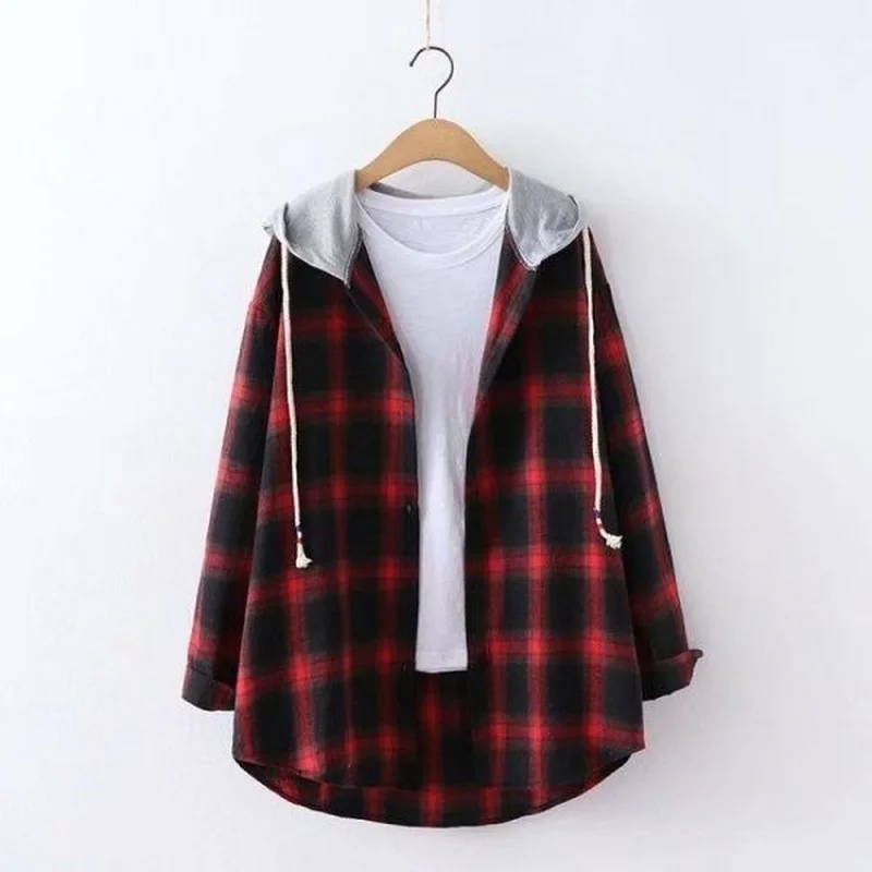 Blouse Women Shirt Plaid  Women's Loose Long Sleeve s Hooded Jacket Blusas Ropa De Mujer Harajuku Streetwear E191