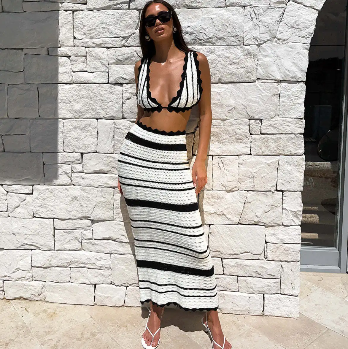 Fashion Style Knitted Texture Sexy Swimwear Cover-Ups Ladies Summer Beach Vacation Hollow Out Stylish Bikini Skirt Suit