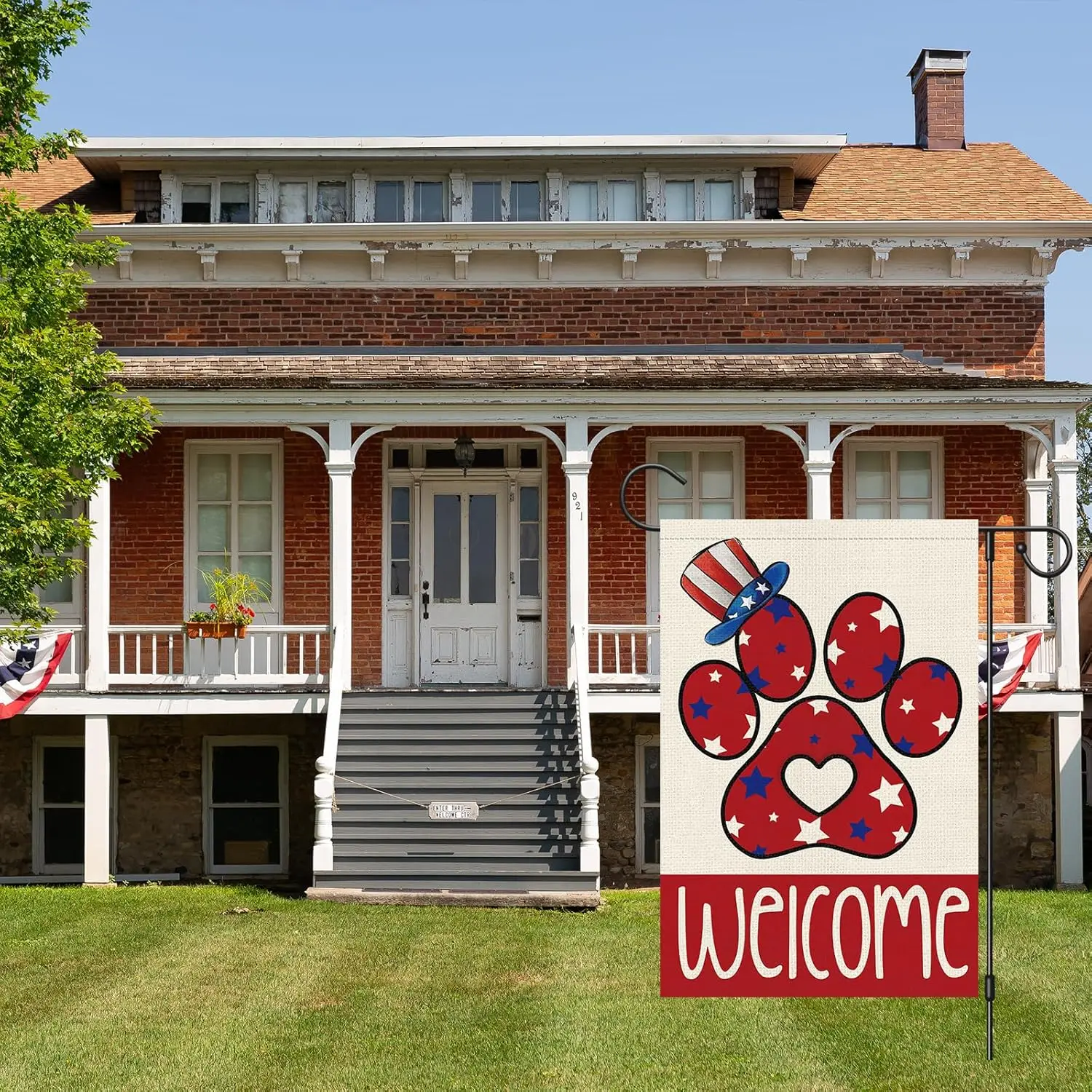 4th of July Garden Flag Patriotic Dog Paw Print 12x18 Inch | Double Sided, Burlap, Welcome Design, Independence Day Memorial uui