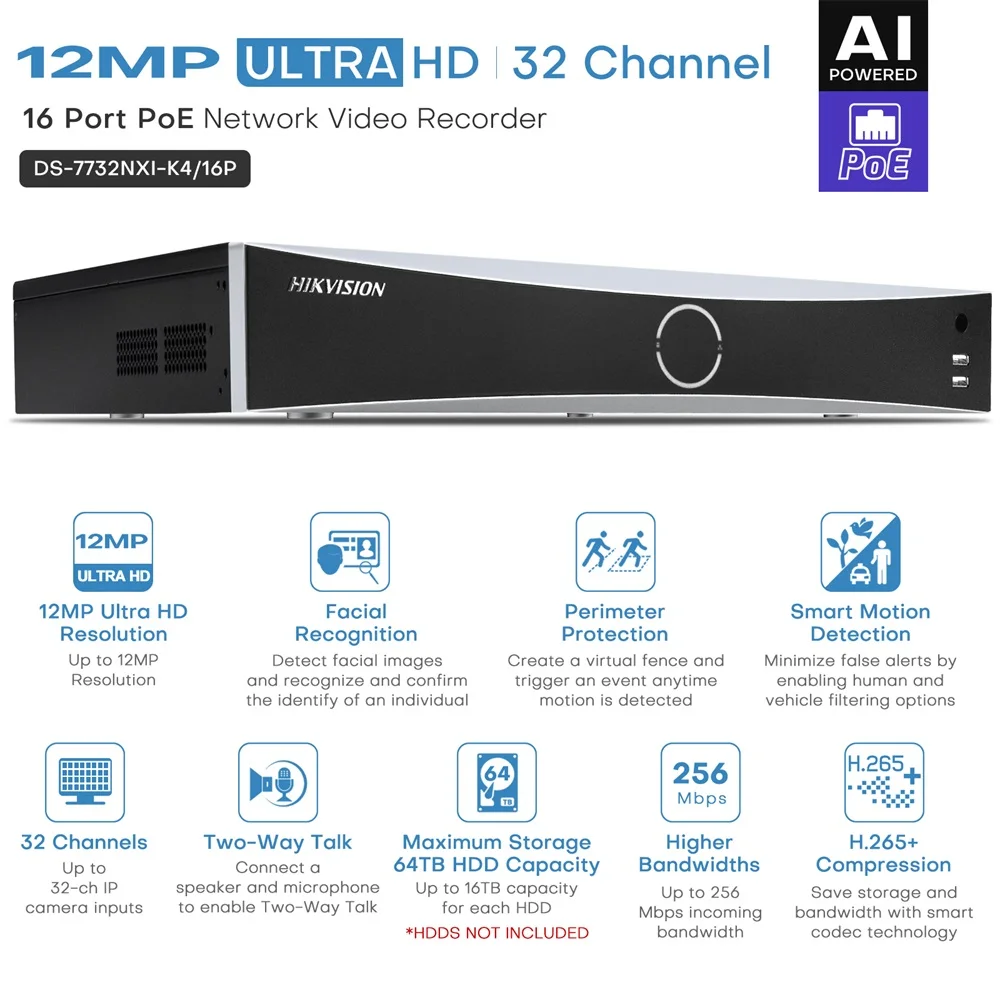 Hikvision DS-7732NXI-K4/16P 32CH 4K NVR 16PoE AcuSense AI Face Recognition Perimeter Protection H.265+ 4SATA 256Mbps HDMI/VGA