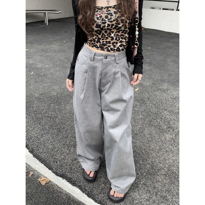 QWEEK Y2k Vintage Grey Jeans Woman Casual Harajuku High Waist Korean Fashion Baggy Denim Pants Autumn Straight Basic Trousers