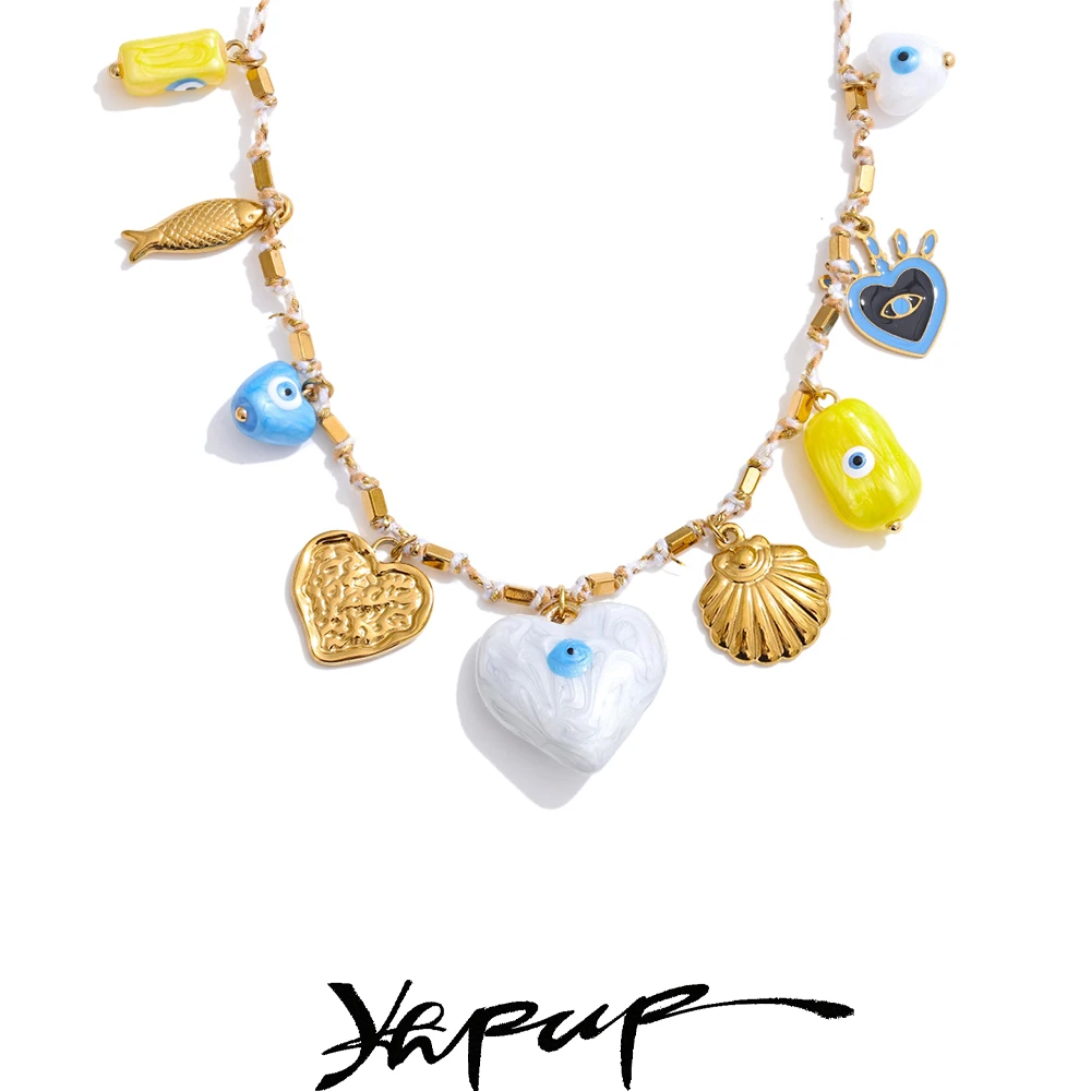 Yhpup Ceramic Heart Eye Shell Pendant Necklace Trending Stainless Steel Charm Manual New Arrival Collar Jewelry for Women Gift