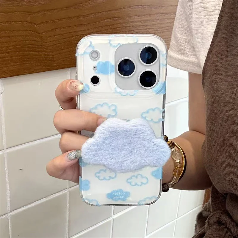 حافظة هاتف كورية لطيفة باللون الأزرق لهاتف آيفون 17 برو 15 14 16 برو ماكس مع حامل حافظات كرتونية واقية مضادة للصدمات لهاتف Gi