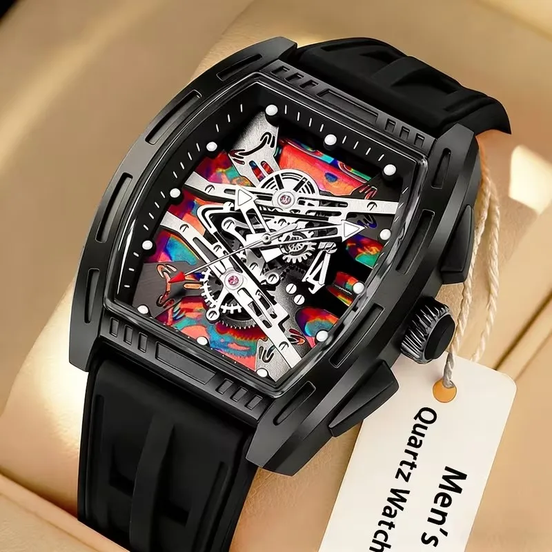 1 Barrel-Shaped Watch for Men and Women, Fashionable Casual Style, Silicone Strap, Multiple Color Options, Couple's Skeleton Quartz Watch