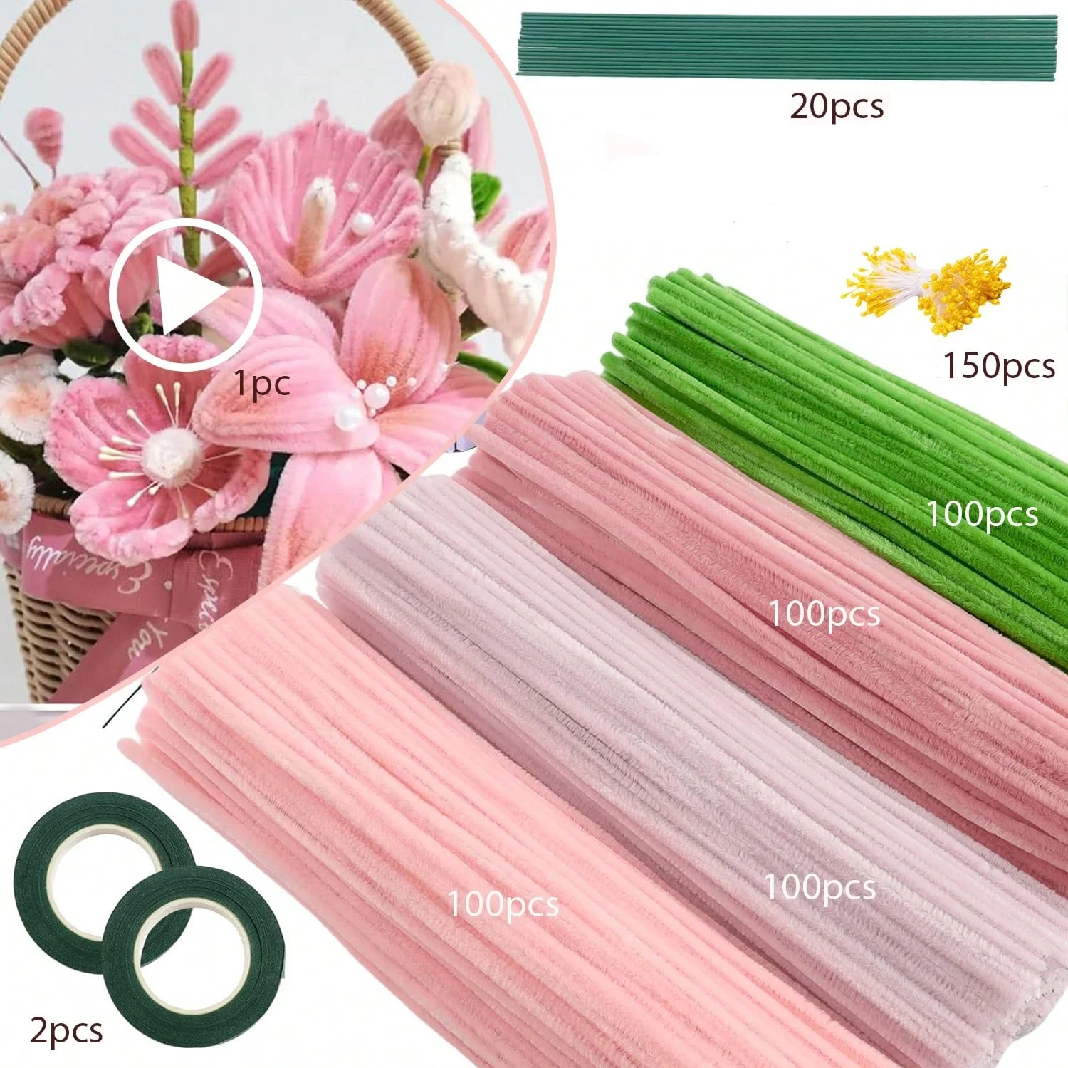 400/573pcs Pipe Cleaners Craft Set With Tutorial Video,DIY Handmade Flower Making Materials,Valentine Mother's Day Creative Gift