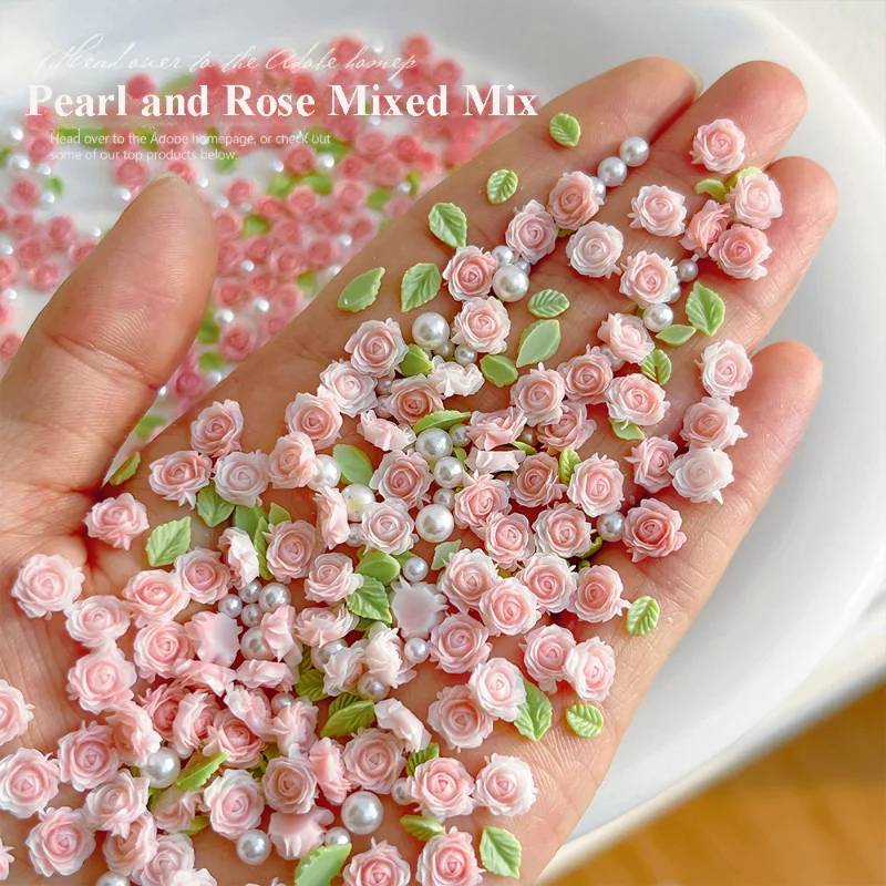 3D Mixed Size Nail Art Luxury Decoratons Rose Nail Charms Accessories 30pcs Pearl Resin Flower Pink Rose Red Supplies Parts DIY