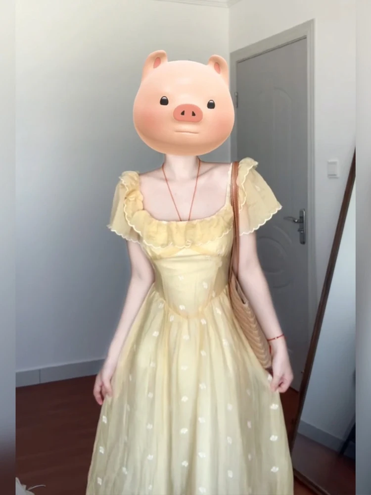 

XZY Ele Yellow Gown with Wood ain for plus Size Women Summer Slimming Long Dr Casual A-Line Polyester Fiber