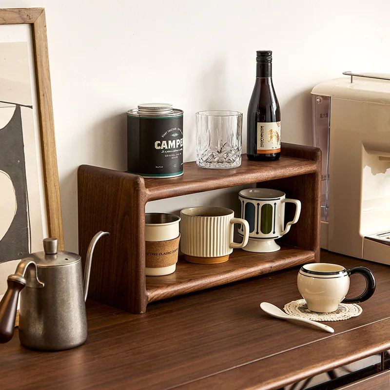 Black walnut desktop rack, double-layer tea set, coffee cup, solid wood storage , small bogu rack.