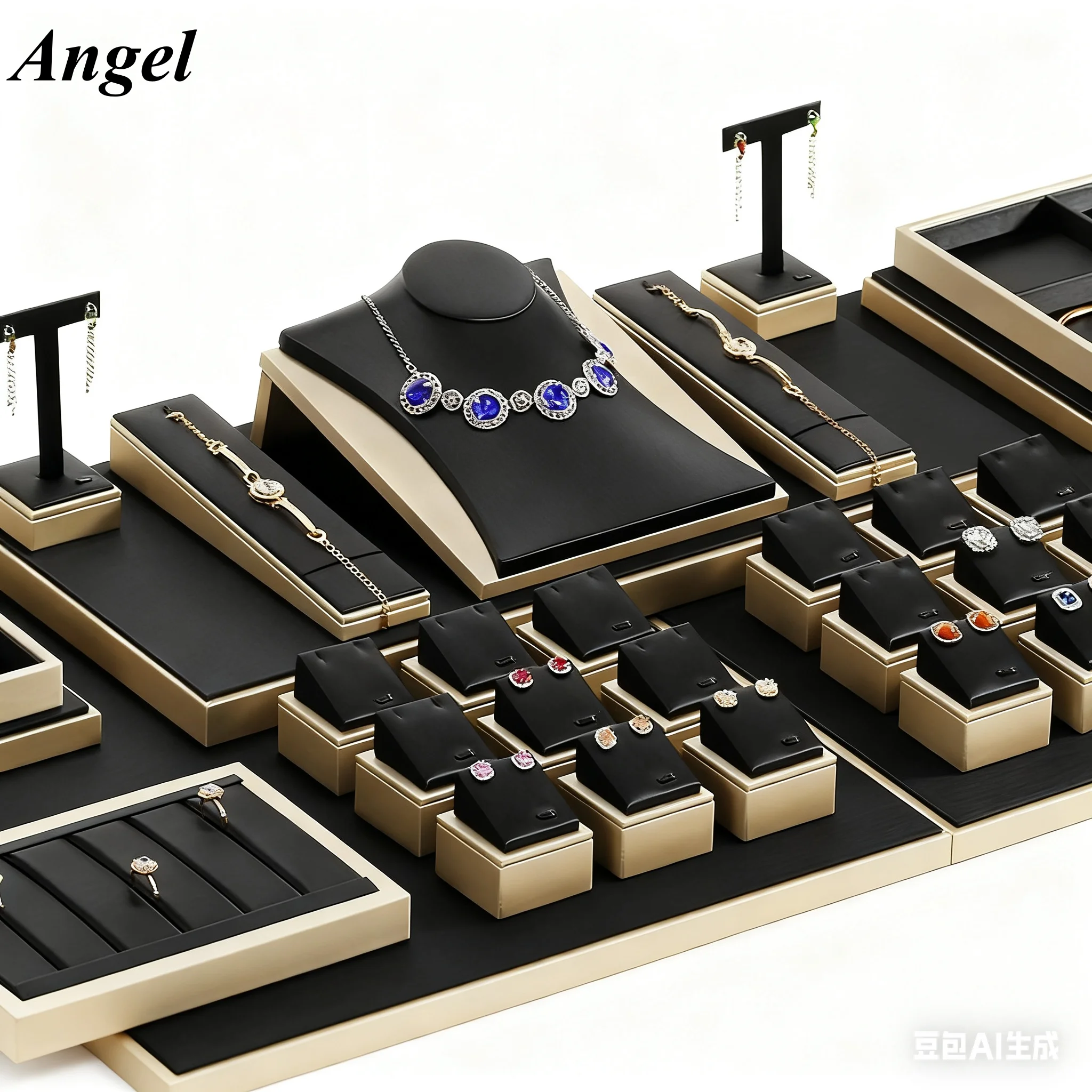 

Luxury Black Leather Jewelry Display Set, Commercial Velvet Ring Holder & Necklace Stand for Store Counter Showcase