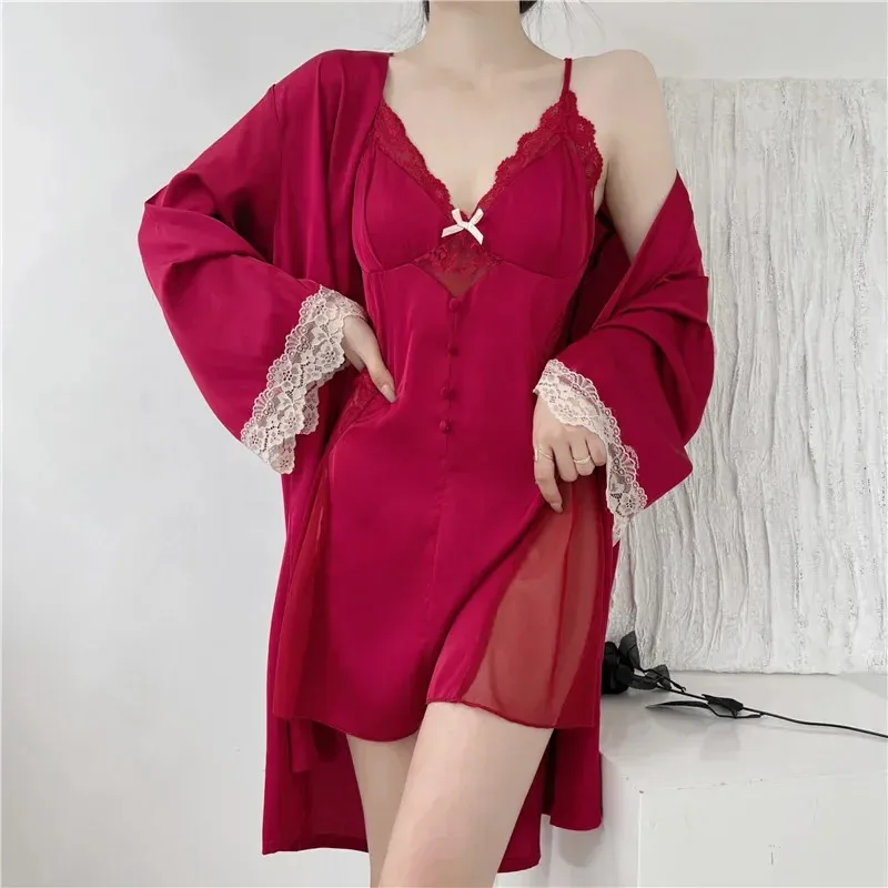 

Lace Women Nighty Robe Set Rayon Bathrobe Gown Loungewear Sexy Nightgown Sleepwear Summer Kimono Home Dress d'4o