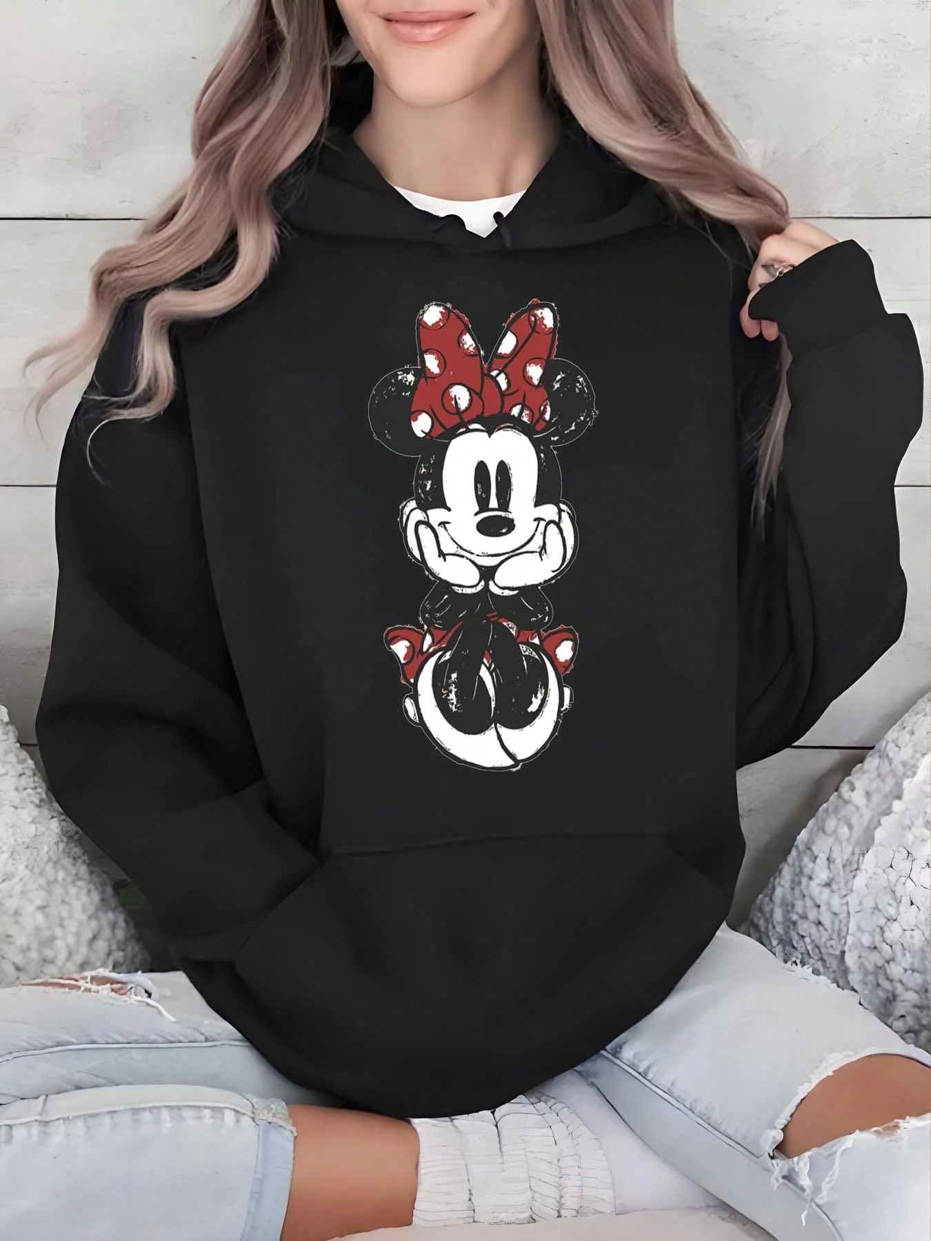 

Женская толстовка с капюшоном Disney Minnie Mouse, осенне-зимняя флисовая толстовка с капюшоном, уличная одежда унисекс, свободная повседневная одежда большого размера