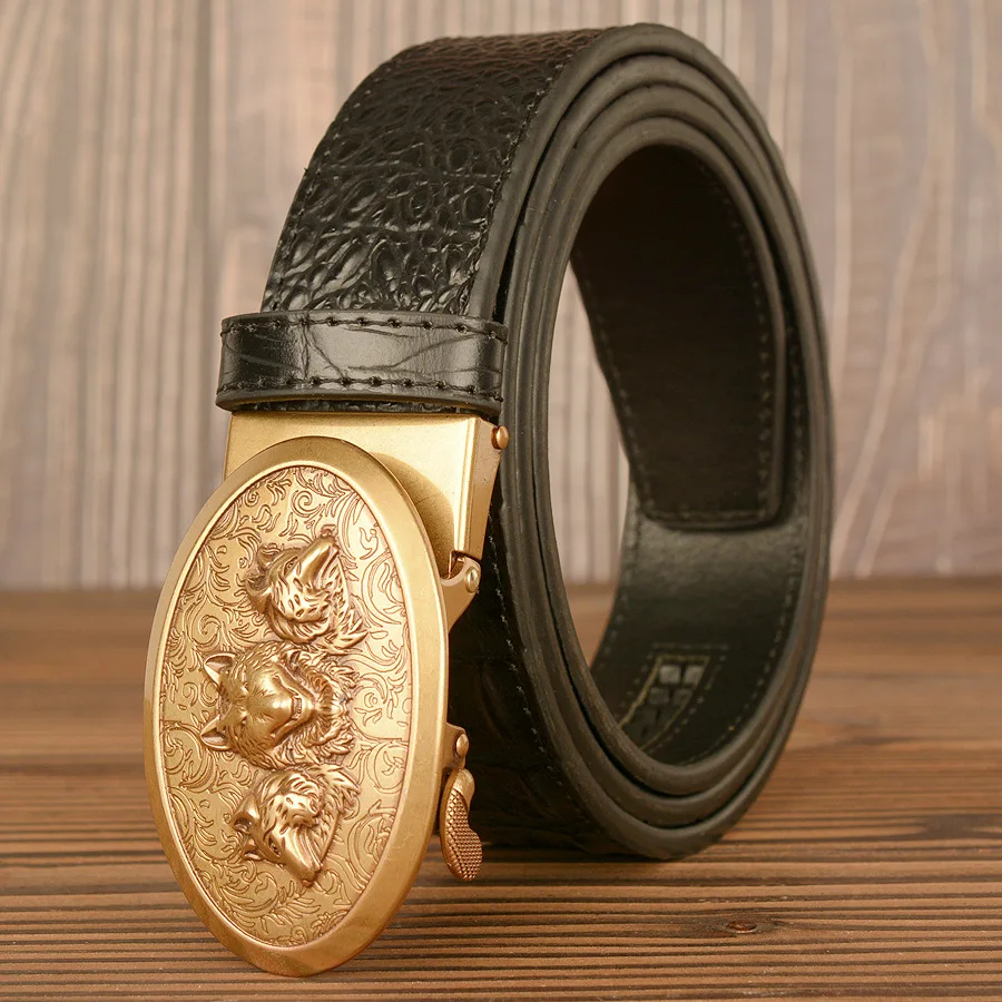 

New Three Wolf Head Vintage Belt Men's Cowhide Automatic Buckle Business Belt Crocodile Pattern Cowhide Men's Pant Belt