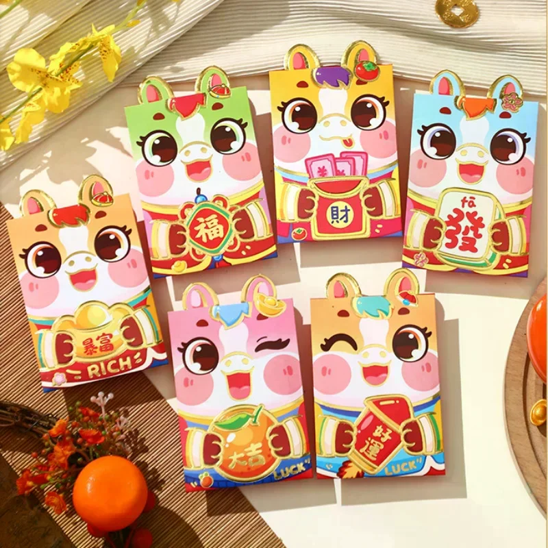 6 قطعة 2026 الحصان العام الكرتون السنة الجديدة حزمة حمراء محظوظ المغلف الأحمر الإبداعية مهرجان الربيع عيد ميلاد الزفاف محظوظ المال الحقيبة