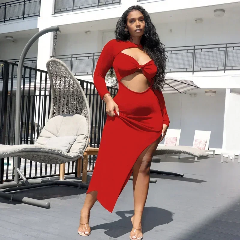 GUWU Sexy High Split Maxi Dress Women Evening Party Cut Out Long Sleeve Bodycon Dress Elegant Club Rave Festival Birthday Dress