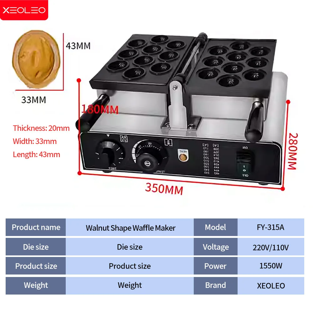 XEOLEO-Máquina Elétrica De Waffles, Ferro Antiaderente, Forma De Noz, Equipamento De Lanche De Cozinha, 10 Furos, 1400W