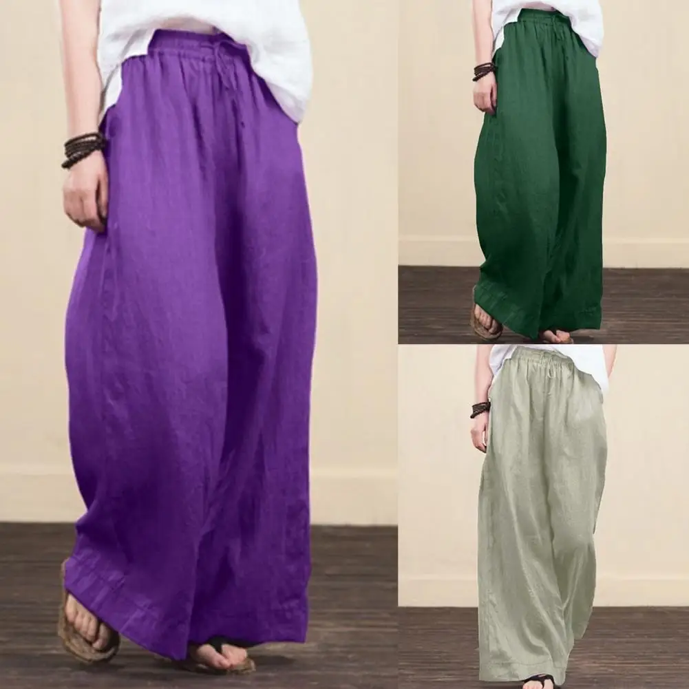 New Vintage Linen Elastic Waist Wide Leg Pants Women Long Trousers Summer Solid Color Casual Loose Pants Female Boho Clothes