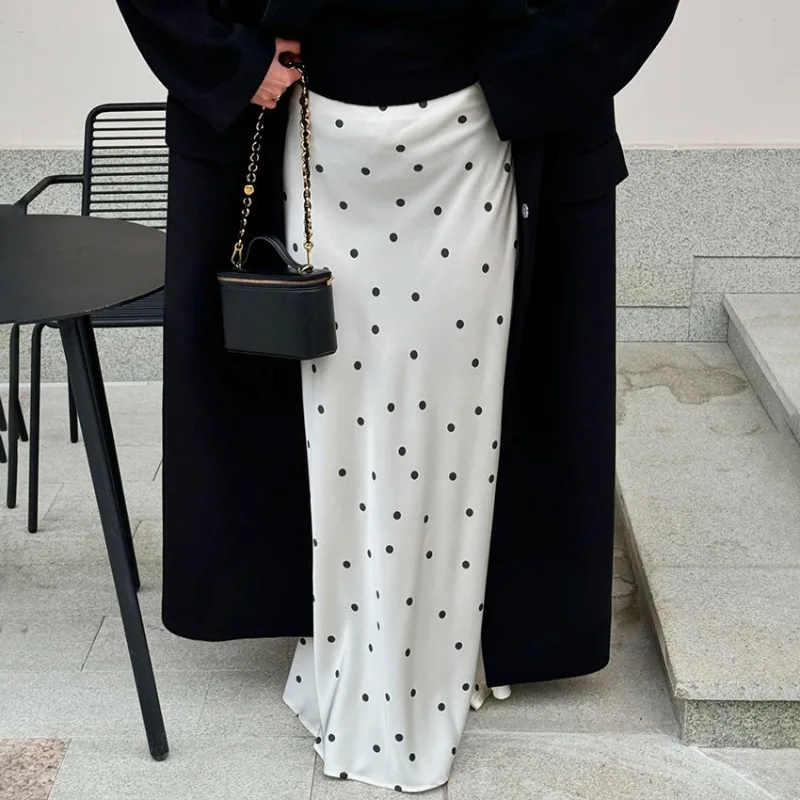 

Talenza White Polka Dot Maxi Skirt Fashion New High Waist Slim Contrast Skirts Elegant Luxury Party Looks Women's Vintage Skirt