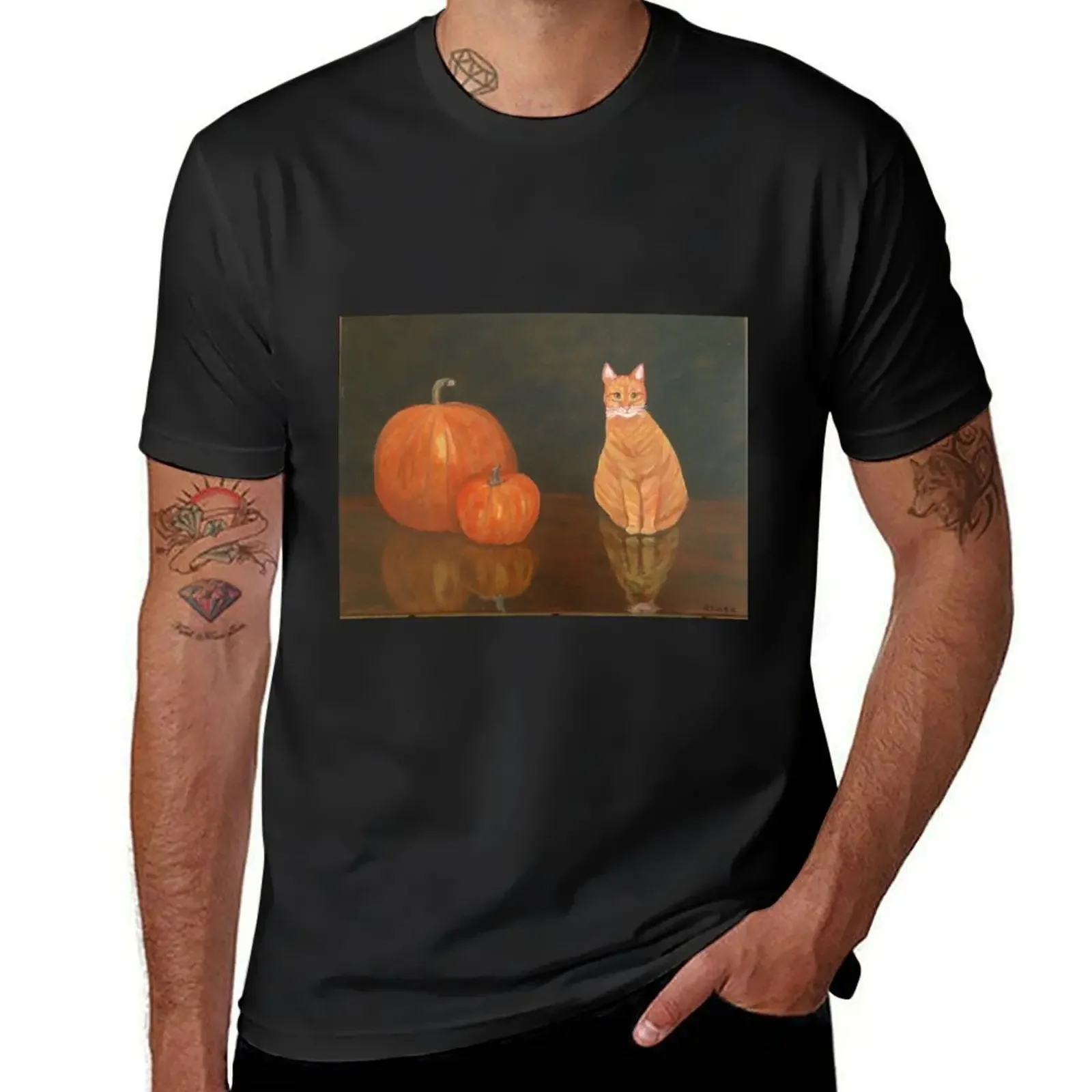 Orange Tabby cat and Pumpkins T-Shirt man clothes blanks shirts graphic men workout shirt