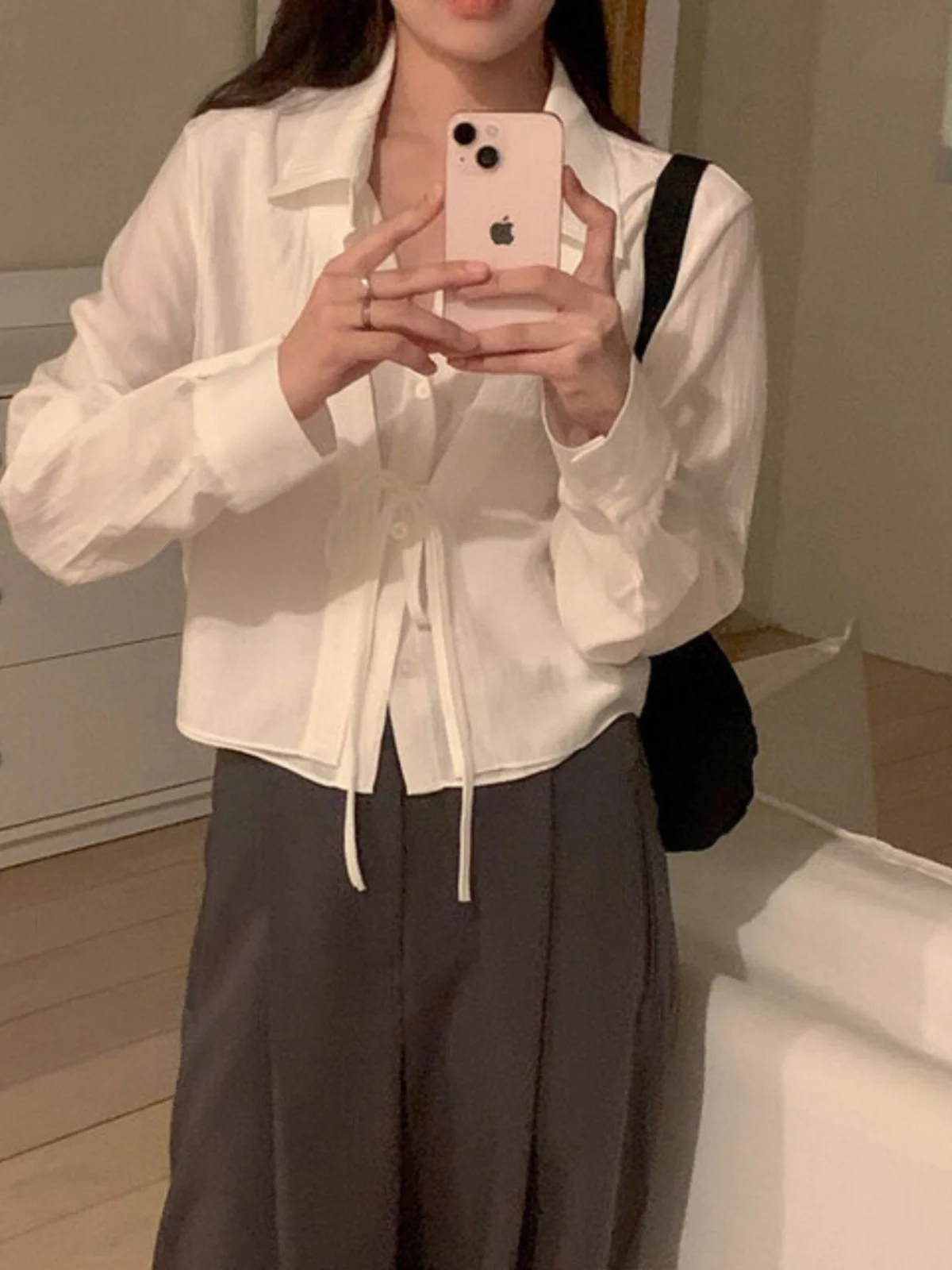 قميص أبيض أنيق للنساء بتصميم عقدة، قصير، متعدد الاستخدامات، أنيق، كوري، فضفاض، بأكمام فانوس، ياقة بولو، موضة الربيع #4