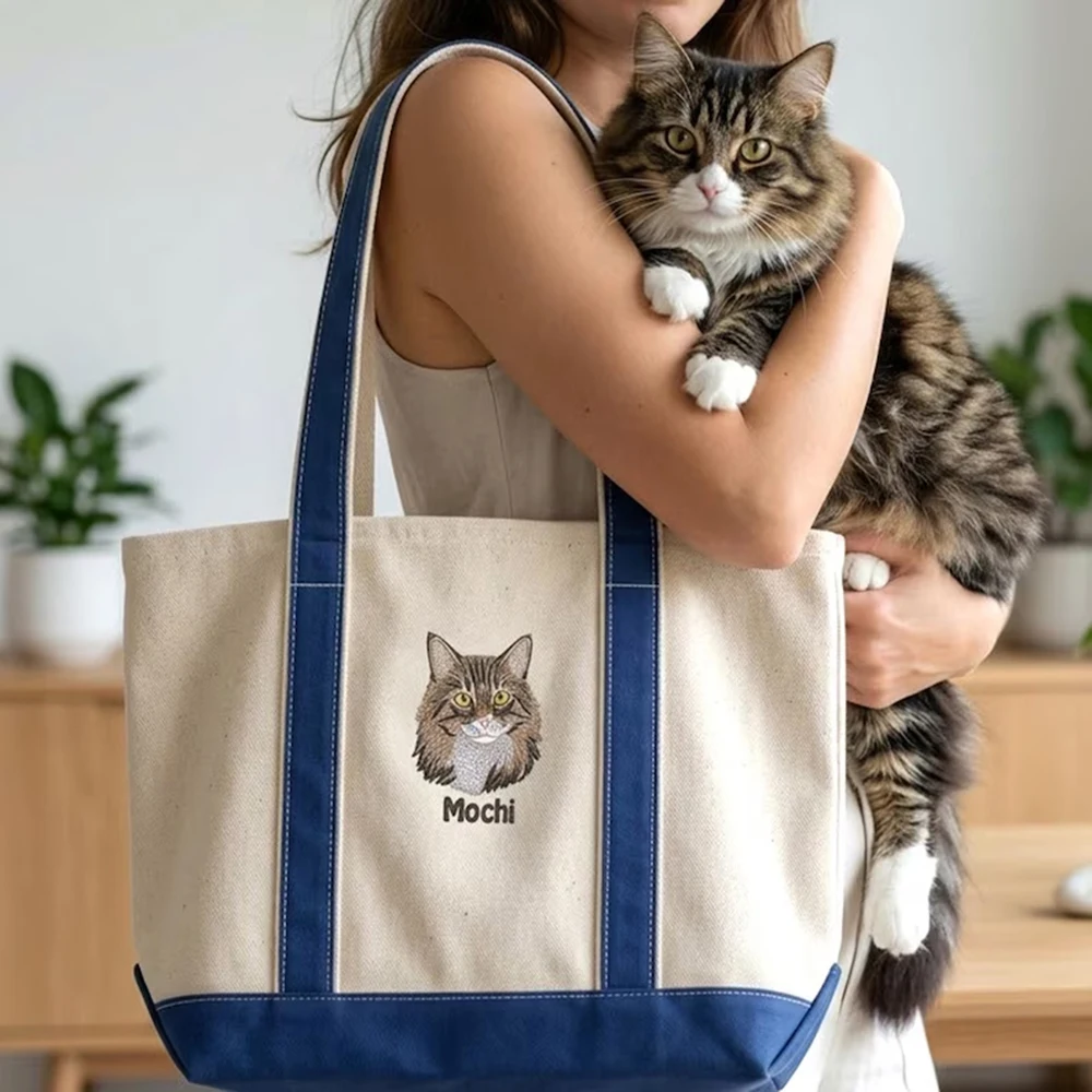 Custom Canvas Tote Bag Personalized Pet Portrait Dog Cat Mom Gift Large Capacity Inner Zipper for Women Daily Commute