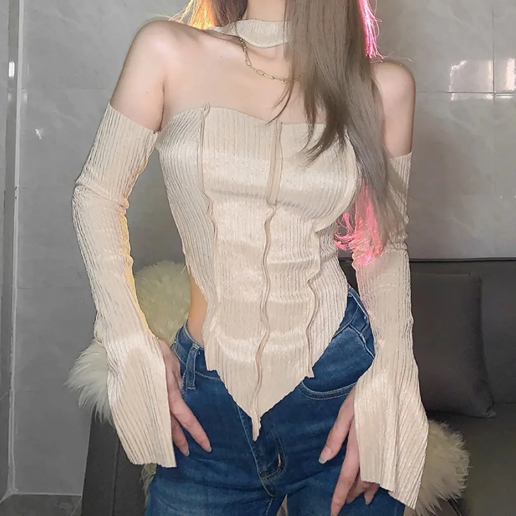 

Women's Slim-fit Solid Color Vest European American Style Autumn Fashion Navel Irregular Neck Small Top for Women