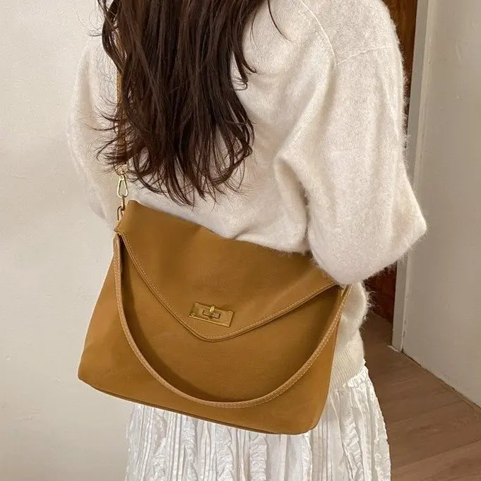 2026 Autumn Winter All-match Bowling Tote All-match Matte Suede Cowhide Leather Women Shoulder Bag Coffee Purple Noble Handbag