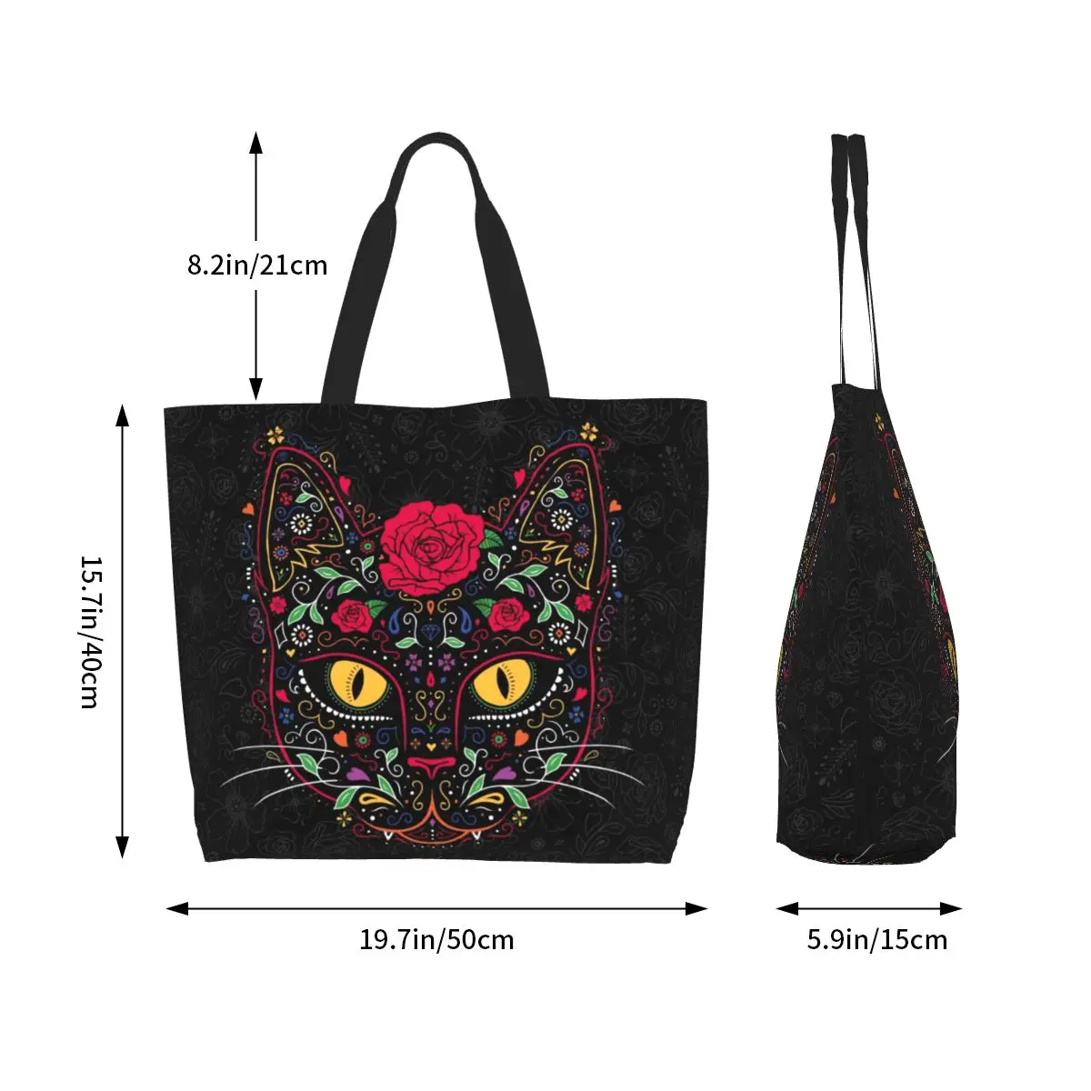 Day Of The Kitten Cat Grocery Shopping Bag Cute Printed Canvas Shopper Tote Shoulder Bag Big Capacity Mexican Floral Handbag