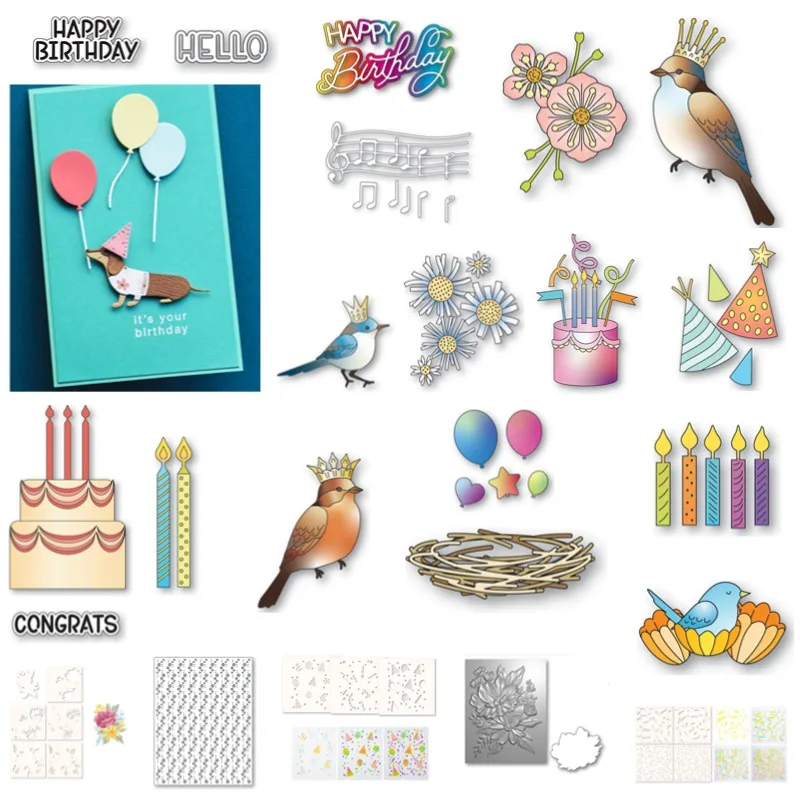 Blue Bird Prince Cake Happy Birthday Nest Balloons Metal Cutting Dies Silicone Stamps Scrapbooking Stencil Photo Album Card DIY