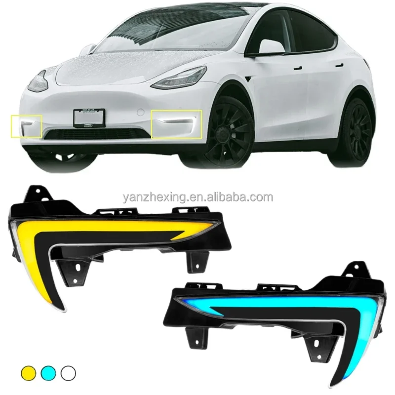 Car Front Light Tricolor LED Daytime Running Lights DRL Fog Lamp Fog Light Assembly for Tesla Model Y 2019 2020 2021 2022