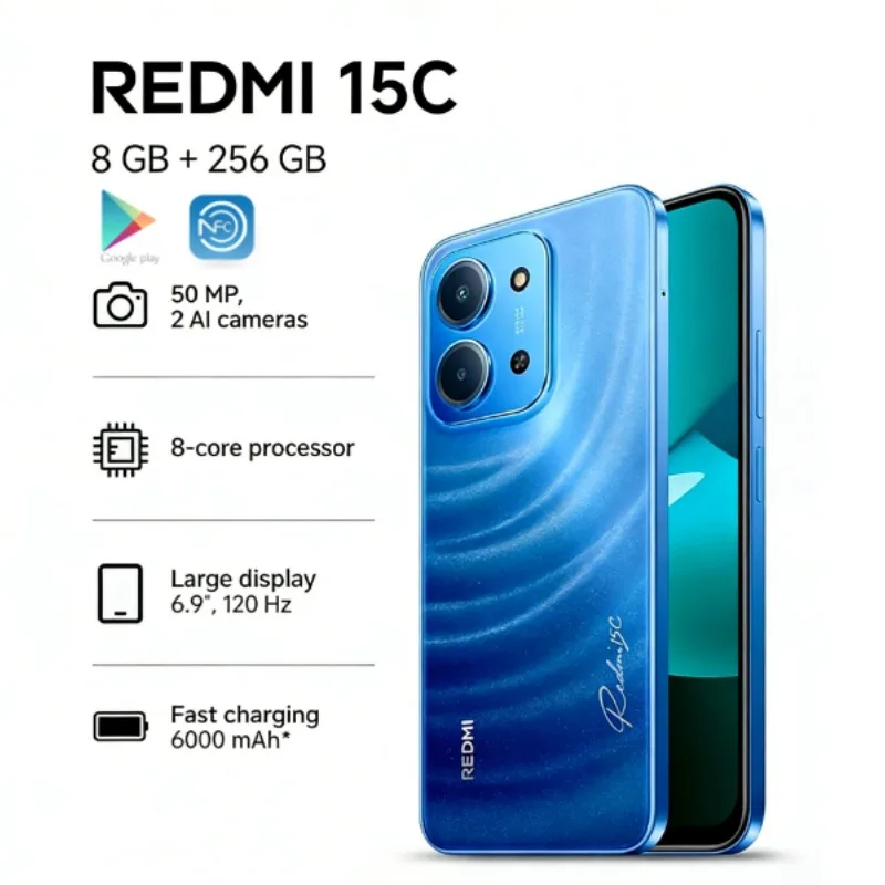 2026 New Redmi 15C 5G Smartphone, 6.9‑Inch 120Hz LCD Large Screen, 6000mAh Battery 33W Fast Charge, 50MP AI Dual‑Camera Dual‑SIM