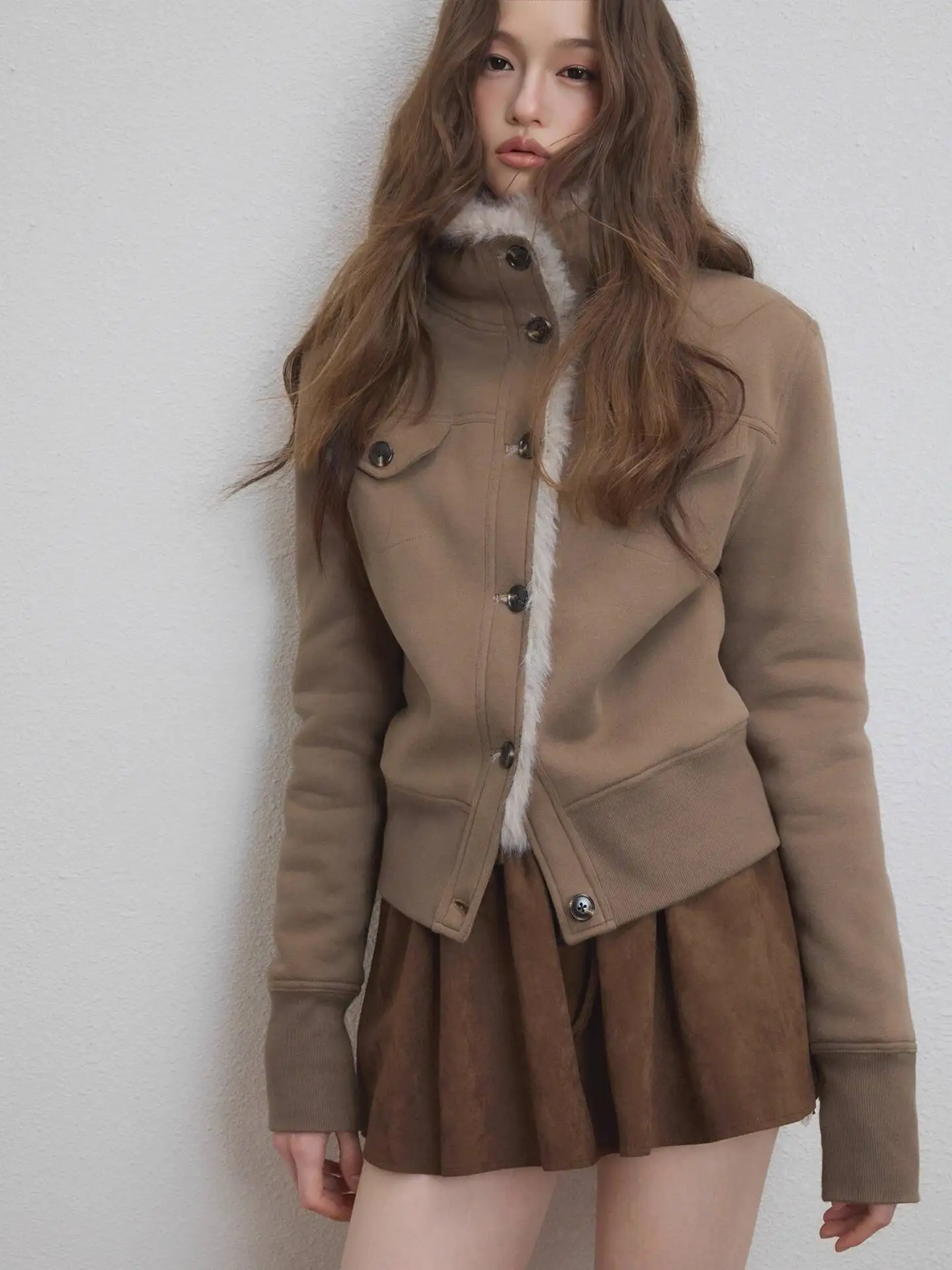 

Women Blend Wool Coat 2025 Autumn Winter Retro Faux Fur Lined Hoodie Coat Women's Warm Loose Stand Collar Design Outerwear