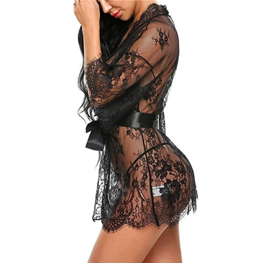 Sexy Dessous, Spitzen-Nachthemd, Nachtwäsche, Kleid, Robe, Kimono für Damen-Nachtwäsche-Kollektion mit verstellbaren Trägern