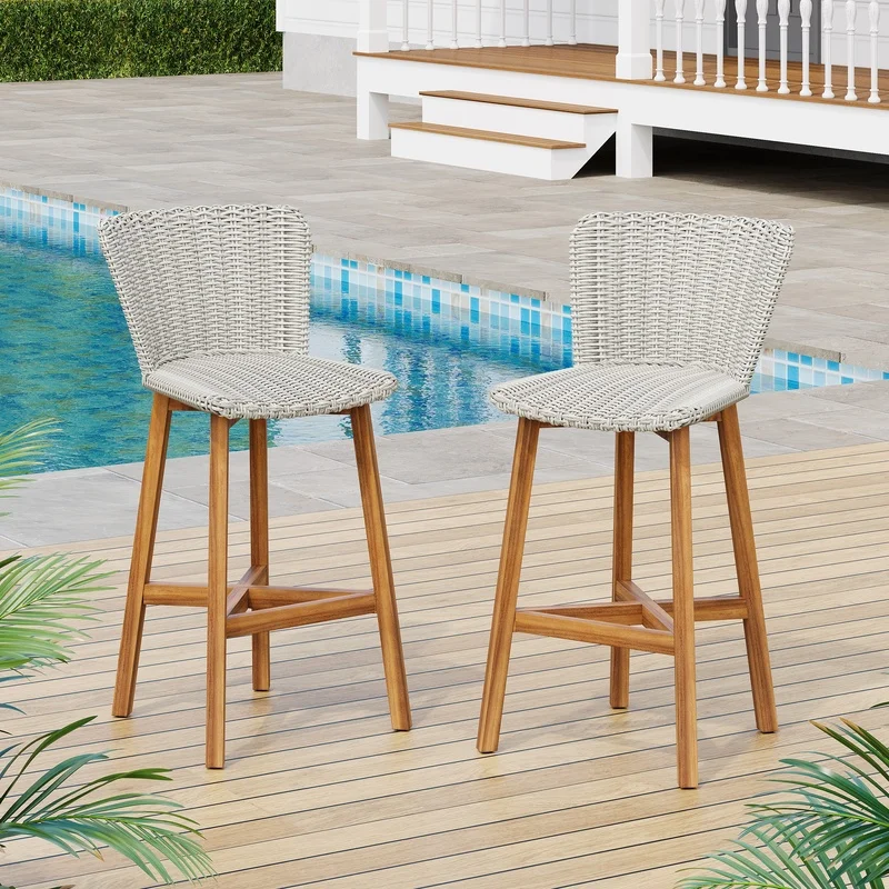 

Lymington Outdoor Bar Stool, Teak Finish Wood, Light Grey Wicker, Pair