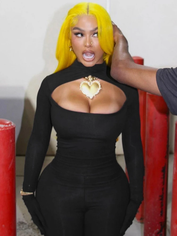 Weiyao-macacão sexy para mulheres, roupas elegantes para dar forma ao corpo, manga longa, com pescoço meio oco, macacões com luvas, Y2K