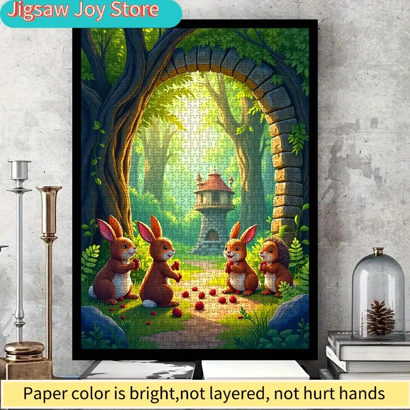 

1000 деталей для самостоятельной сборки бумажного пазла, пазл с изображением лесной хижины, кролика и белки, высококачественный белый картон, подходит для совместного творчества родителей и детей.