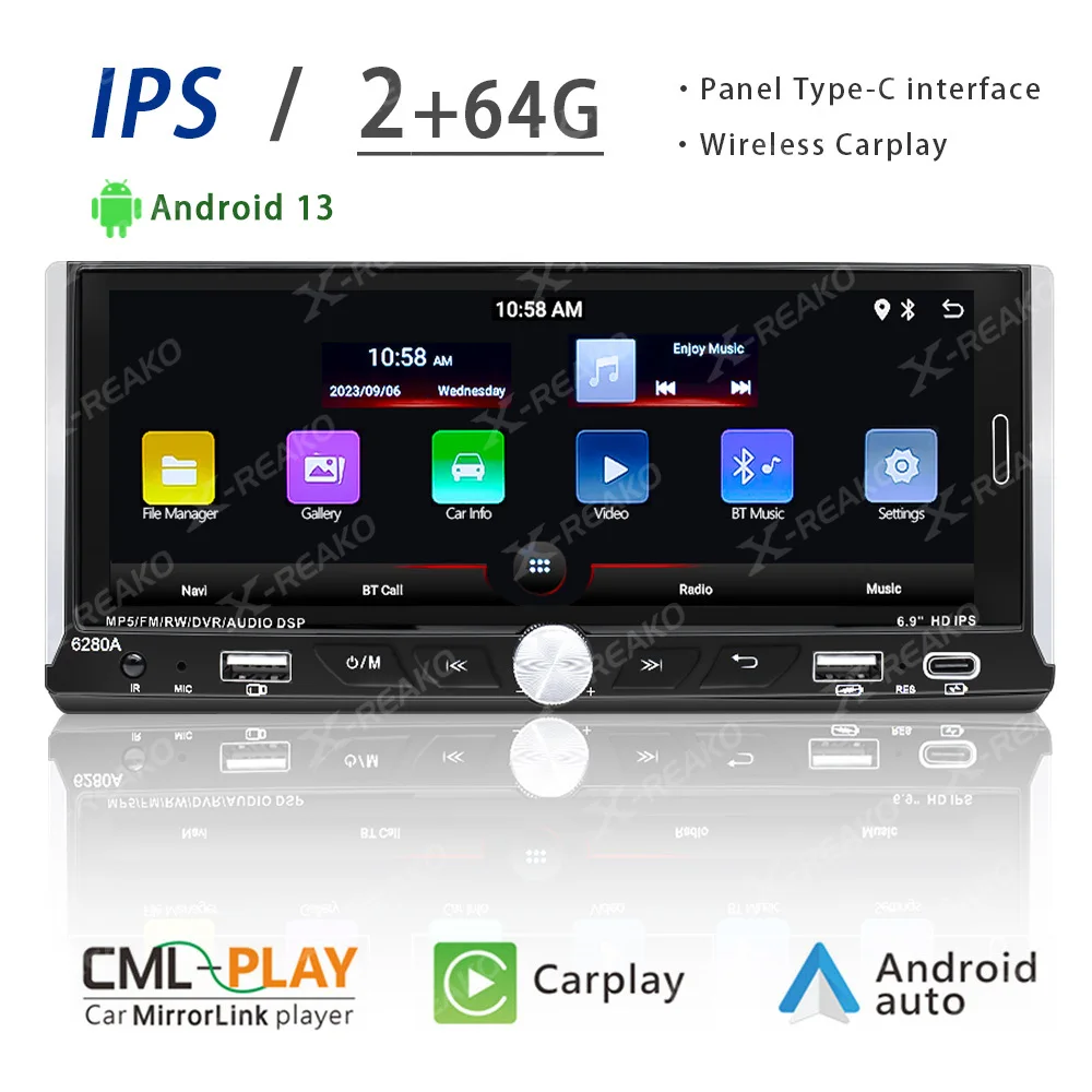 X-REAKO 1 DIN 2+64G Android Car Stereo Radio 6.9'' Car Multimedia Player Wireless Carplay Android auto Bluetooth WIFI GPS Radio