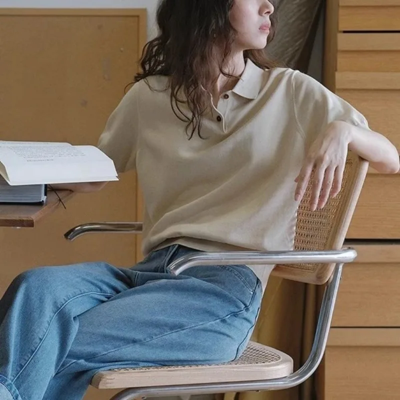 

Женский абрикосовый трикотажный топ с воротником-поло из ледяного шелка, с коротким рукавом, повседневный летний топ