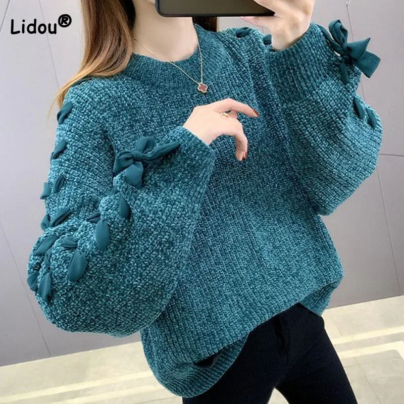 Fashion All-match Bow Patchwork Long Sleeve Sweaters Autumn Winter Women\'s Clothing Korean Sweet Solid Color Round Neck Knit Top