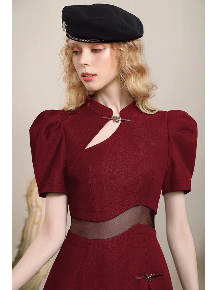 New Chinese Red Dresses 2024 Summer Elegance Retro Style Textured Waist-Tight Bottoming Dress Women Streetwear Y2k Dress