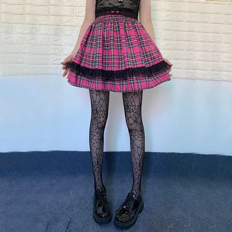 Y2K Aesthetic Plaid A Line Skirts Cute Kawaii Pink Womens Summer Checkered High Waist Short Skirt Sweet Preppy Style Streetwear