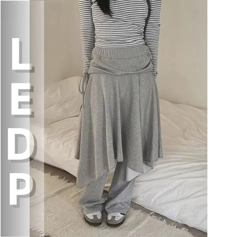 IMU REDDACHiC Lounge Wrap Sweat Pants Gray Trendy Elastic Waist Ruffle Skirt Overlay Wide Leg Trousers New In Korean Woman Cloth