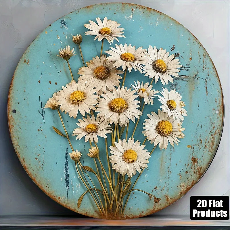 2D Flat, Round Vintage Daisy Bouquet Wall Decor - Aluminum Metal Sign Suitable for Country Farmhouse Style, Daisies for Easter V