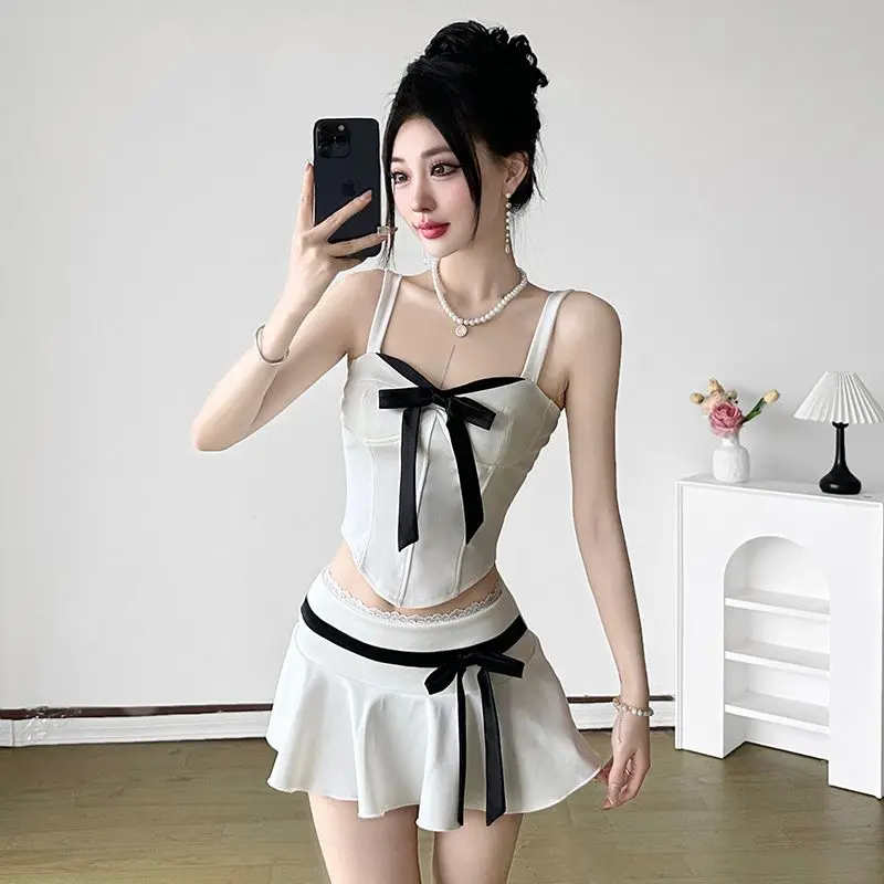 

Sweet Bow Slim Fit Strapless Vest Top for Women+ Y2k High Waist A-line All-match Skirts 2025 Summer New Two Piece Sets