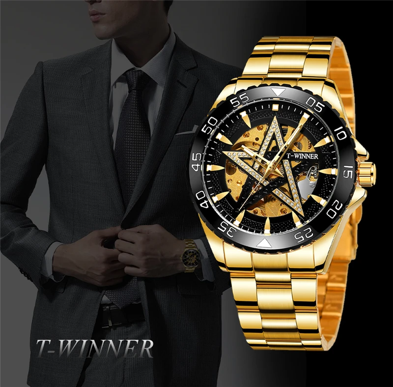 WINNER 337C Skeleton Military Automatic Men Watch Steampunk Sports Mechanical Watches Luxury Gold five-pointed star Luminous