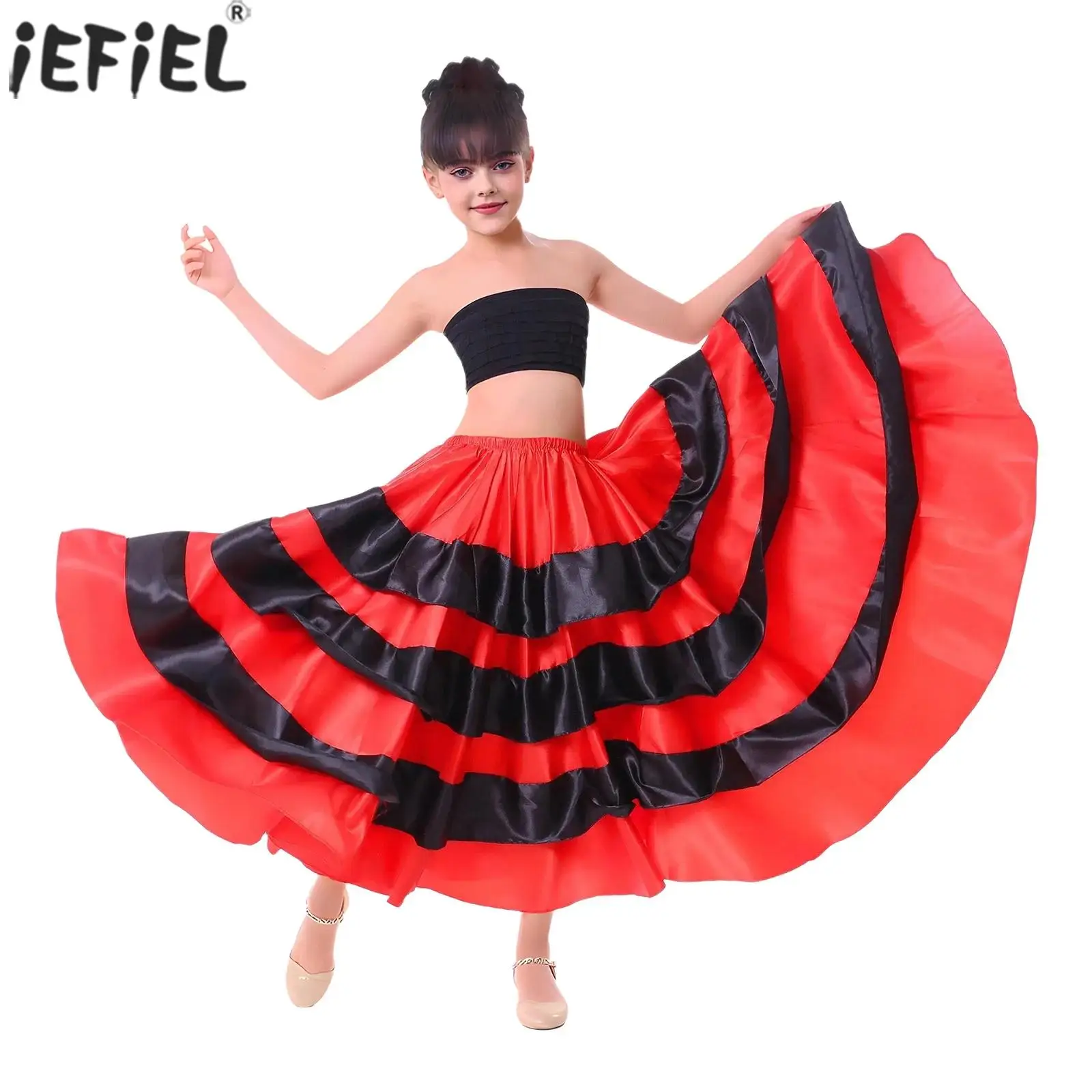Faldas de baile Flamenco español para niñas, falda de satén con volantes escalonados, baile de salón, disfraz de actuación de pista de toros gitana y Sevilla