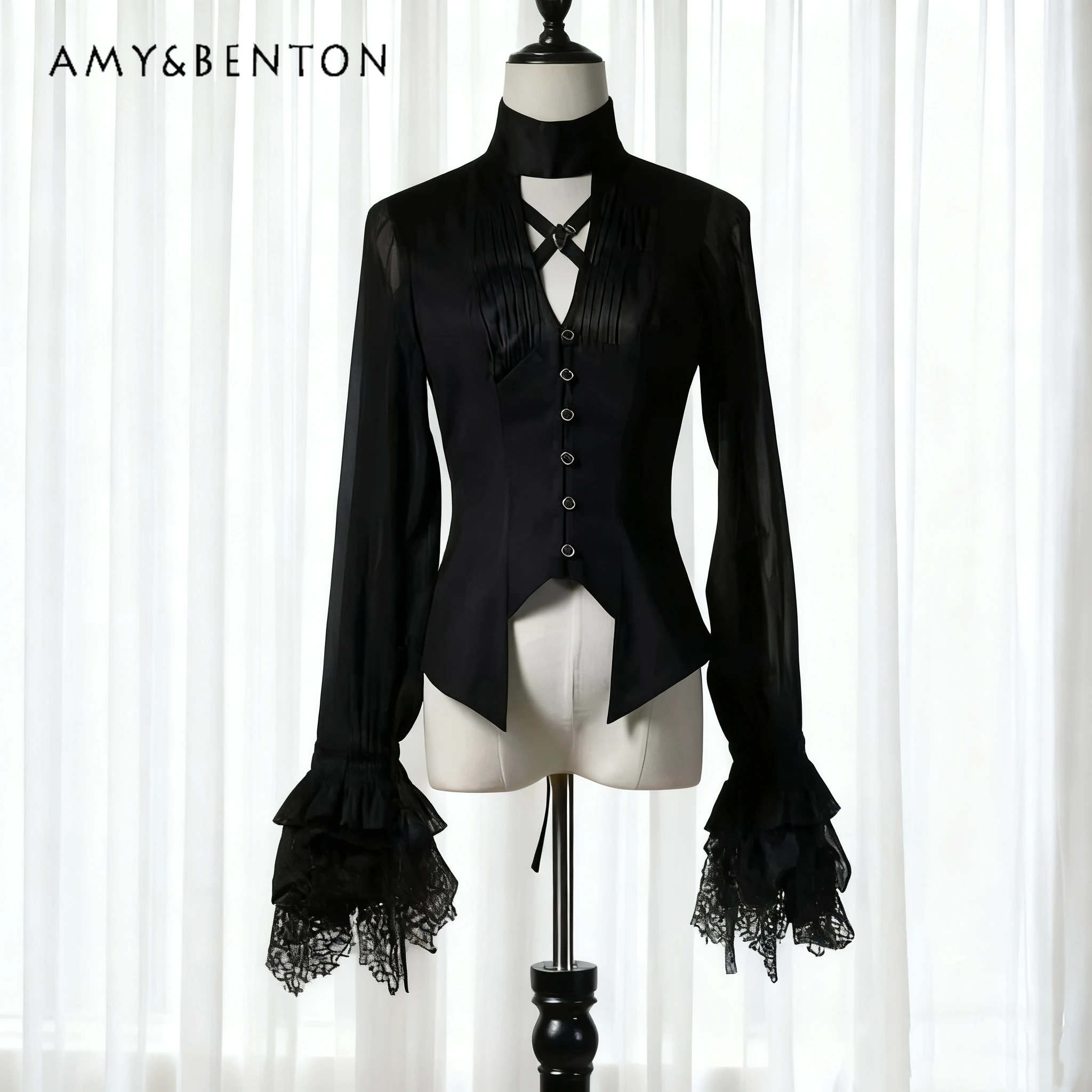 

Subculture Dark Goth Hollow Out Shirt for Women Court Style Retro Lolita Black Slim Long Sleeve Shirts Prince Series Cosplay Top