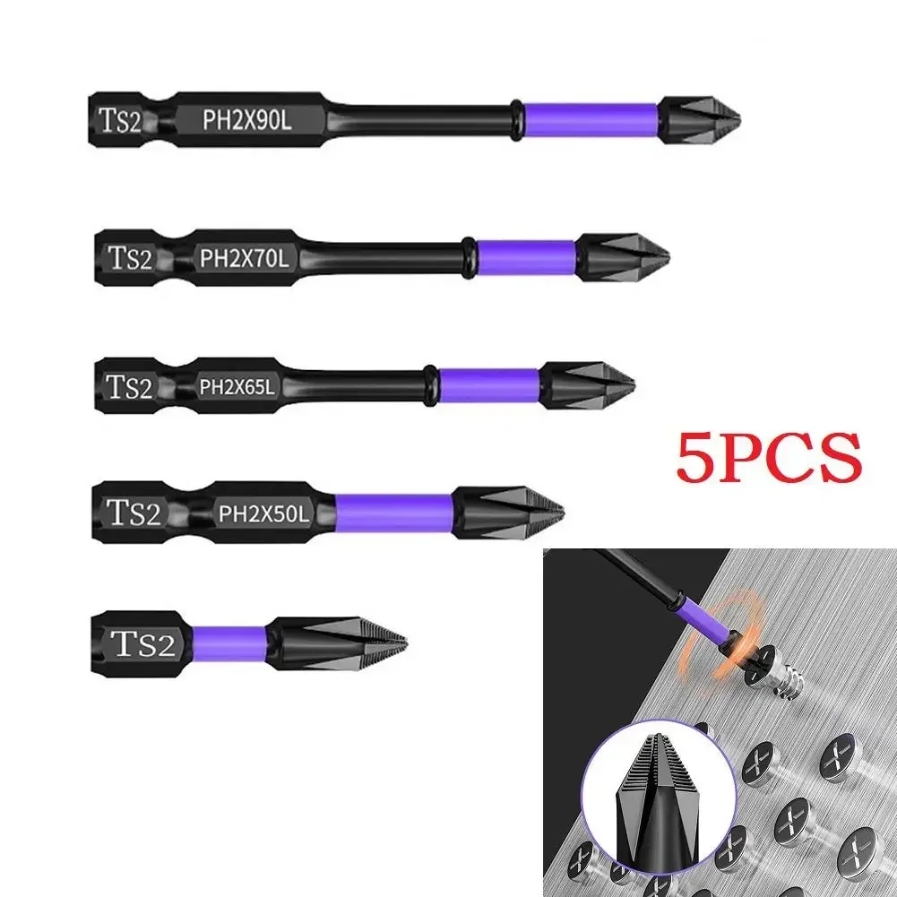 5PCS Non-slip PH2 Magnetic Batch Head Cross Screwdriver  Drill Bit 25-90mm High Hardness Non-Slip Impact-Bits Cross Screwdriver