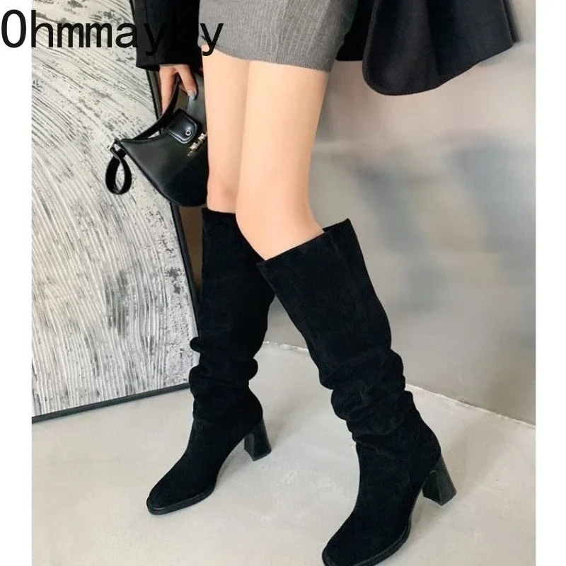 Slip On Women Western Knee High Boots Fashion Pleated Sewing Pumps Autumn Winter Thick Heel Ladies Modern Long Booties